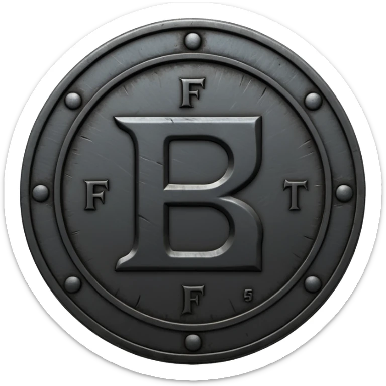 Minimal emoji, gothic metal coin made of black steel, engraved number f at the center, ancient industrial aesthetic, worn metal texture, no glow, no neon, flat emoji design, centered, transparent background sticker