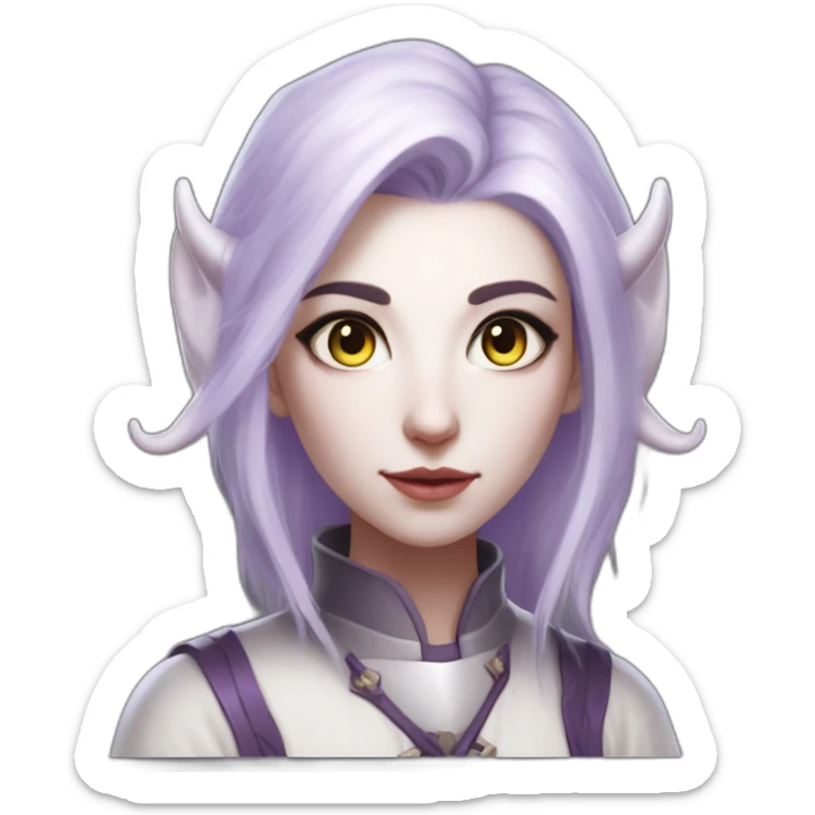 tiefling priest girl with pure white skin, pale lilac hair, light grey horns, glowing lilac colored eyes sticker