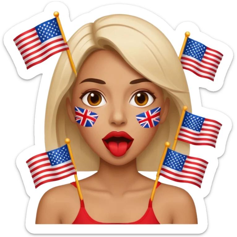 a woman is talking and the English and American flags are coming out sticker