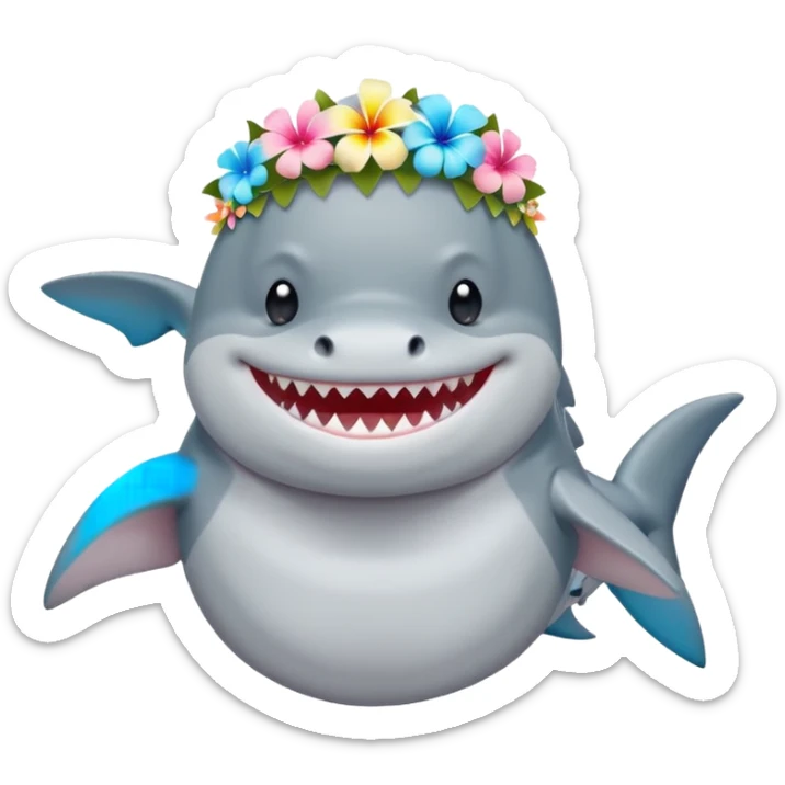 A cute chubby shark with hawaii pastel flower necklace and hawaiian flower crown, posing proudly. sticker