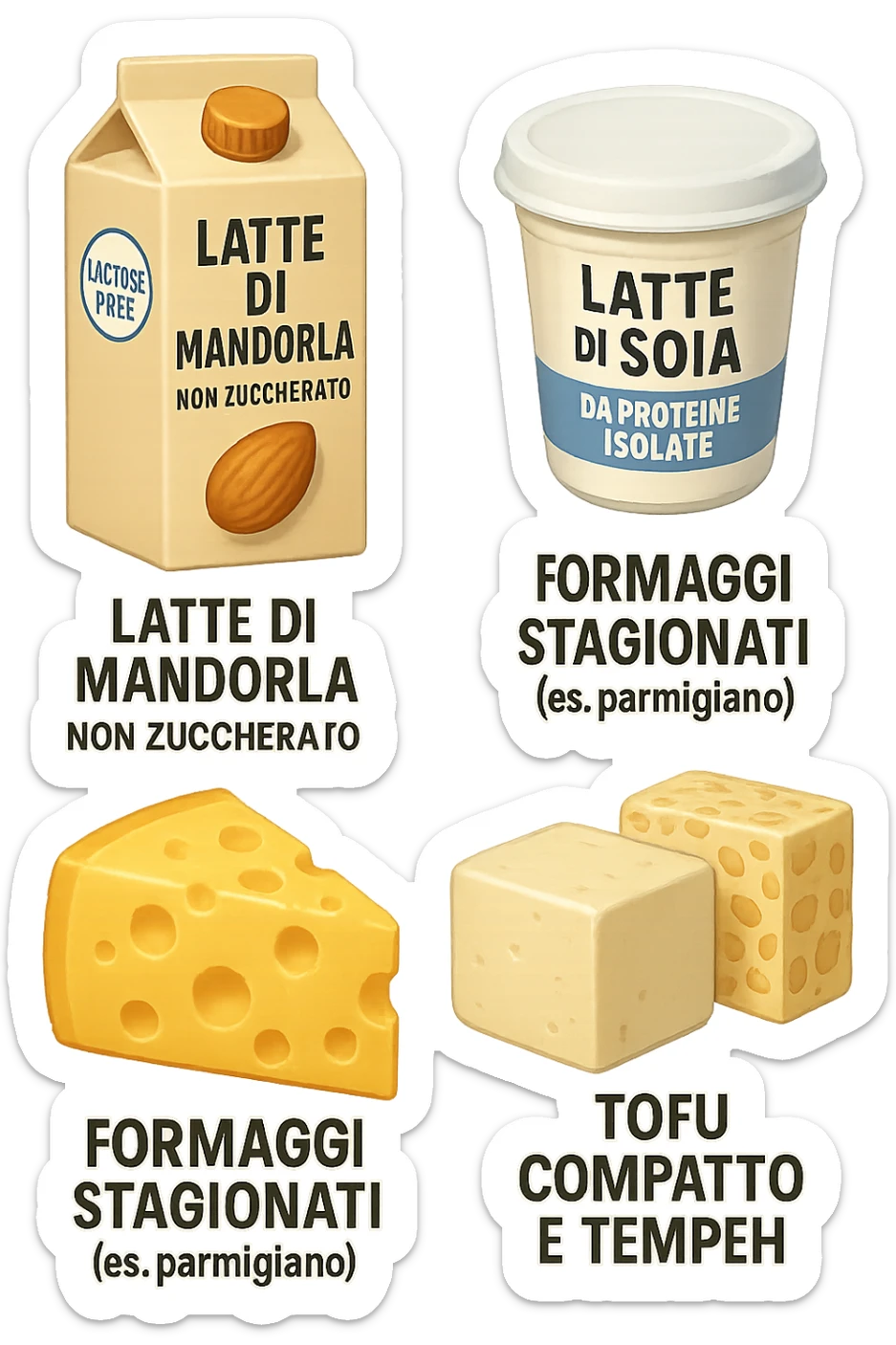 emoji stile iphone 3d di Latte e yogurt delattosati in italiano
Latte di mandorla (non zuccherato)
Latte di soia da proteine isolate
Formaggi stagionati (es. parmigiano)
Tofu compatto e tempeh
 che fluttuano in aria, iperealistico 4k sticker