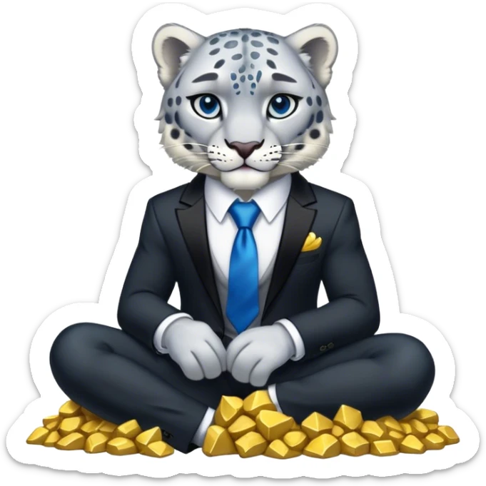 muscular snow leopard in black suit with blue tie sitting on pile of gold nuggets sticker