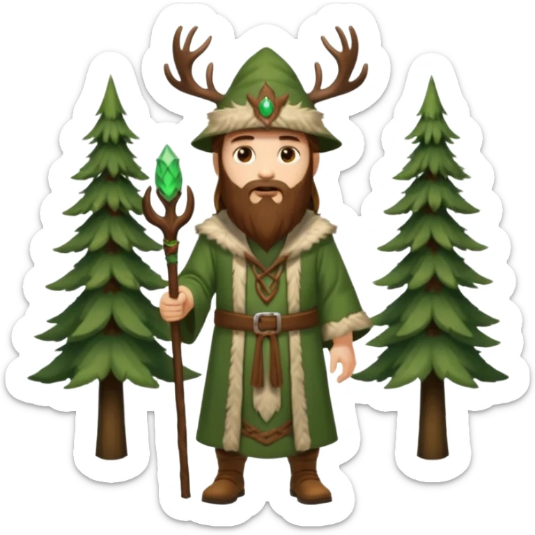 full body man long brown hair brown eyes medium beard white skin wearing stag hat and forest druid robes open chest sticker