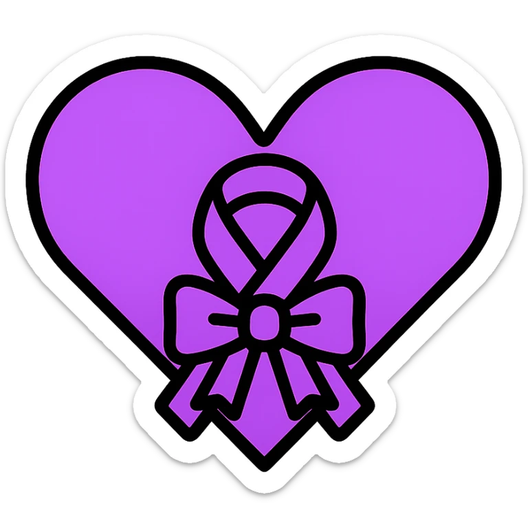 Add a bow to the ribbon on the purple heart, keep the color outline icon style, with no background. sticker