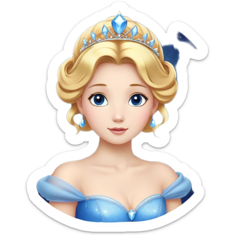 Cinematic Stunning Cinderella Portrait Emoji, Radiant in her sparkling blue ball gown, golden hair in a perfect updo, soft blue eyes full of wonder, glistening tiara, glowing with an ethereal beauty, regal yet kind, a dreamlike aura surrounds her, capturing the essence of a fairy tale princess, elegant and breathtaking! sticker