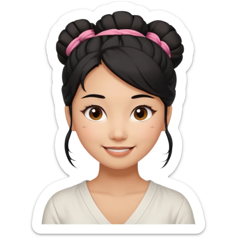 medium tan asian woman with long black hair tied in a high messy bun, round brown eyes, white v neck blouse. shes smiling and friendly. sticker