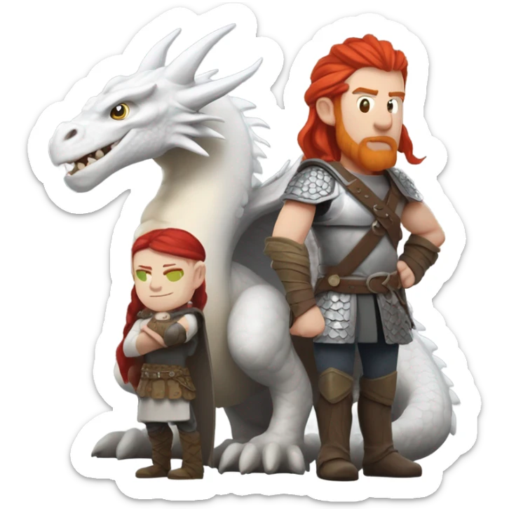  White Viking red head pale skin beautiful dragon  queen with a Viking solder with a gray man bun built white solder on a dragon  sticker