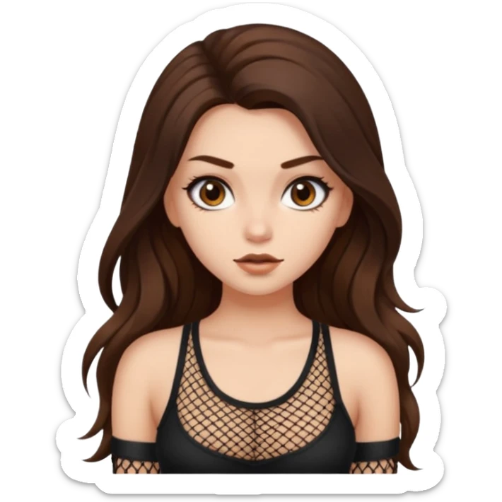 a pretty bratz fair girl with brown long hair styled well, looking like a baddie in a fishnet top and dark brown hair sticker