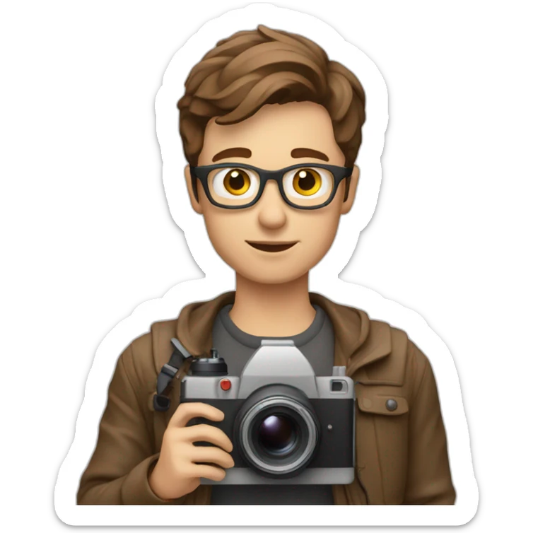 European film director with brown short hair holding a cinema camera sticker