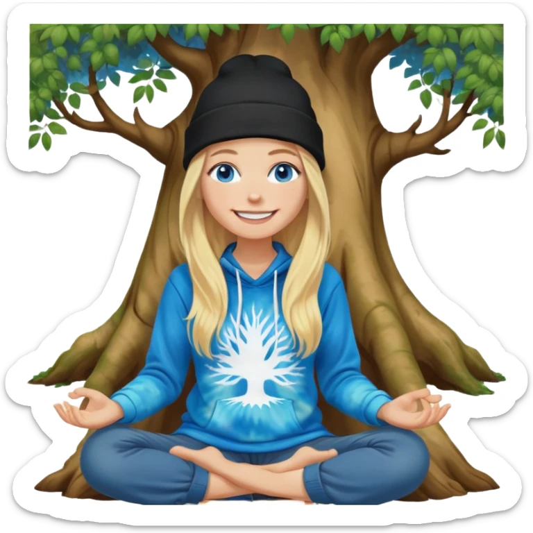long haired blonde white woman wearing a black beanie and This woman should have blue eyes and a big smile and i want her to be sitting meditating next to a tree. she is wearing a tie dye hoodie  sticker