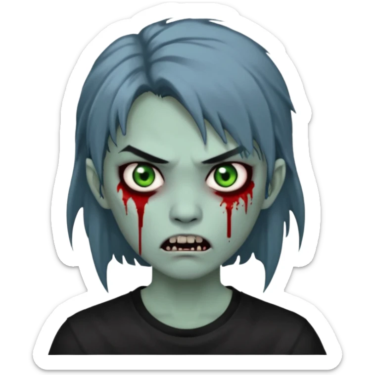 3D emoji-style avatar with very pale blue-grey zombie skin, dark brown hair, a young Asian face, and large green eyes with blood tears. Give it white litle bit messy mullet hair style , silver hoop earrings, and a plain black T-shirt. The face expression should be slightly angry, with vampire fang sticker