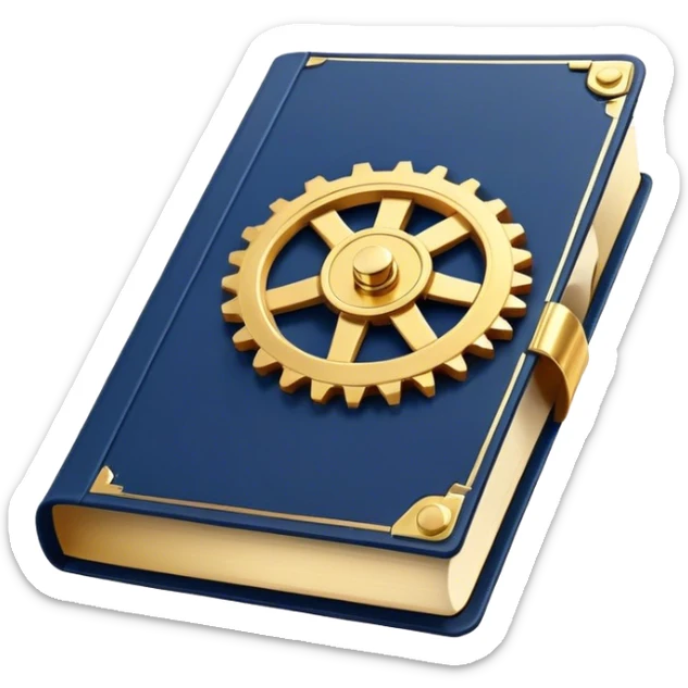 Un libro azul navy con detalles dorados, bordes metálicos y un gear dorado con una tabla ascendente como productividad en la portada, estrategia y éxito en movimiento (book of productivity) sticker