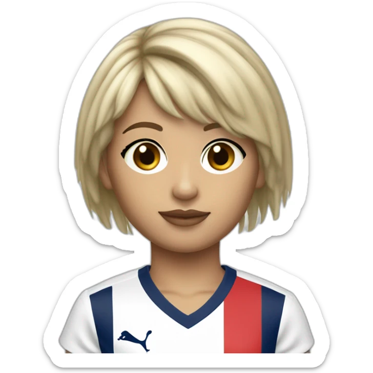 Tye and die blonde short hair fringe girl, grey eyes, a 1980 PSG jersey and a baguette sticker