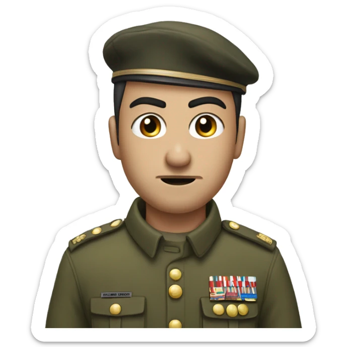 an angry young man with very short black mustache. short hair to right in army costume. white skin. eyebrows to down sticker