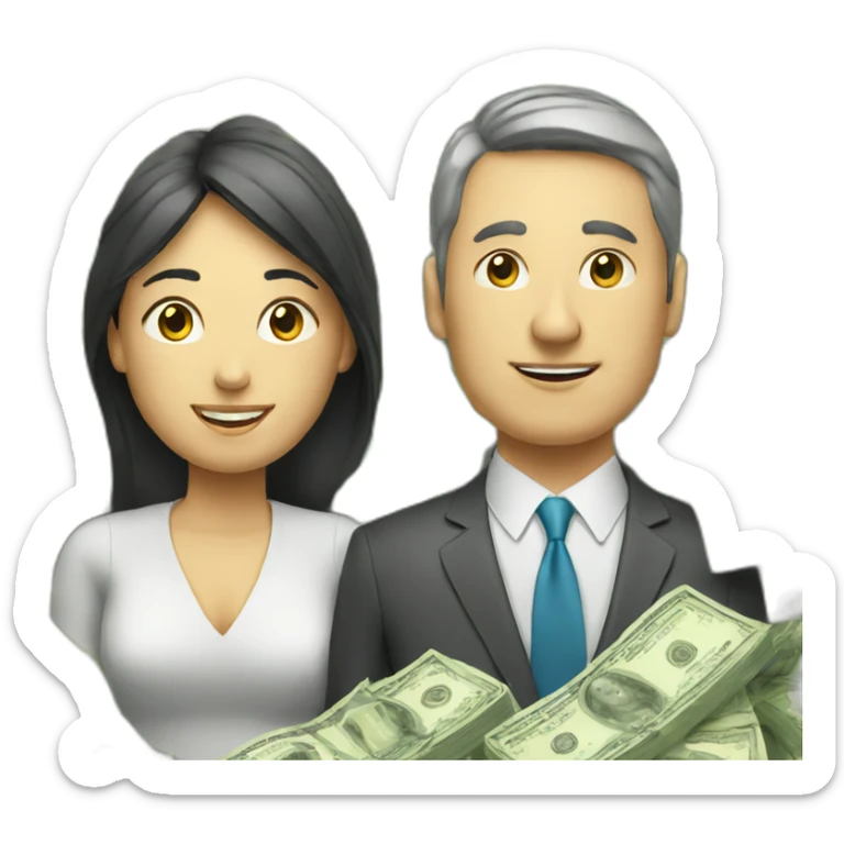 Woman and man with a lot of money from stock market sticker