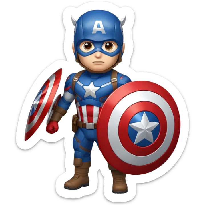 Highly detailed, hyper-realistic emoji of Captain America. He wears his iconic blue suit with a white star on his chest, a red-and-white striped torso, and an ‘A’ helmet. He holds his circular red, white, and blue shield. Minimalist background for focus. sticker