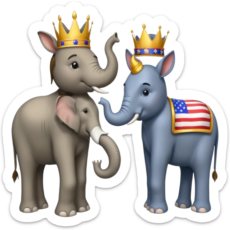 Democratic Party elephant facing Republican Party donkey with King Trump inbetween sticker