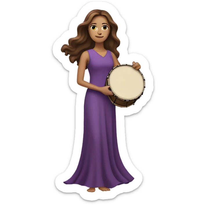 White woman standing with long flowing purple dress and long wavy brown hair holding a small frame drum sticker