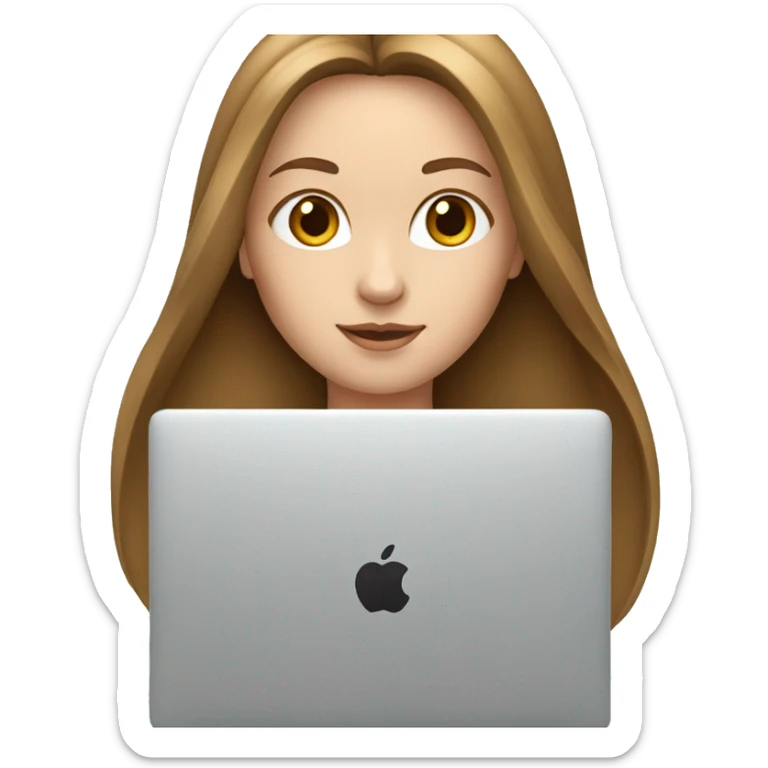 white girl with brown straight long hair and apple laptop sticker