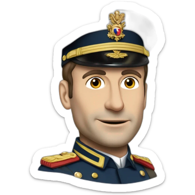 Emmanuel Macron dictateur en tenue militaire avec un aire sérieux sticker