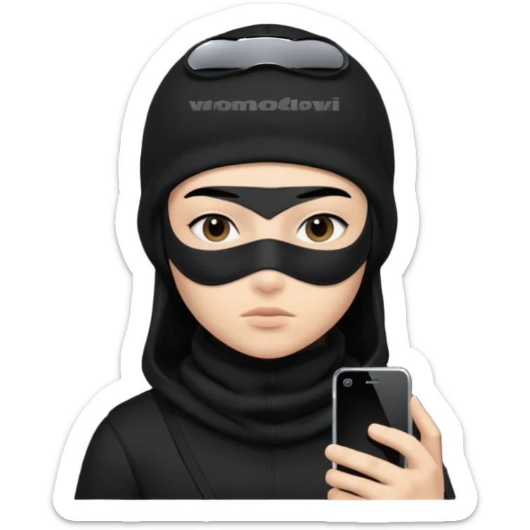 Junge mit Sturmhaube handy in der hand komplett schwarzes outfit und augenbraun gut sticker