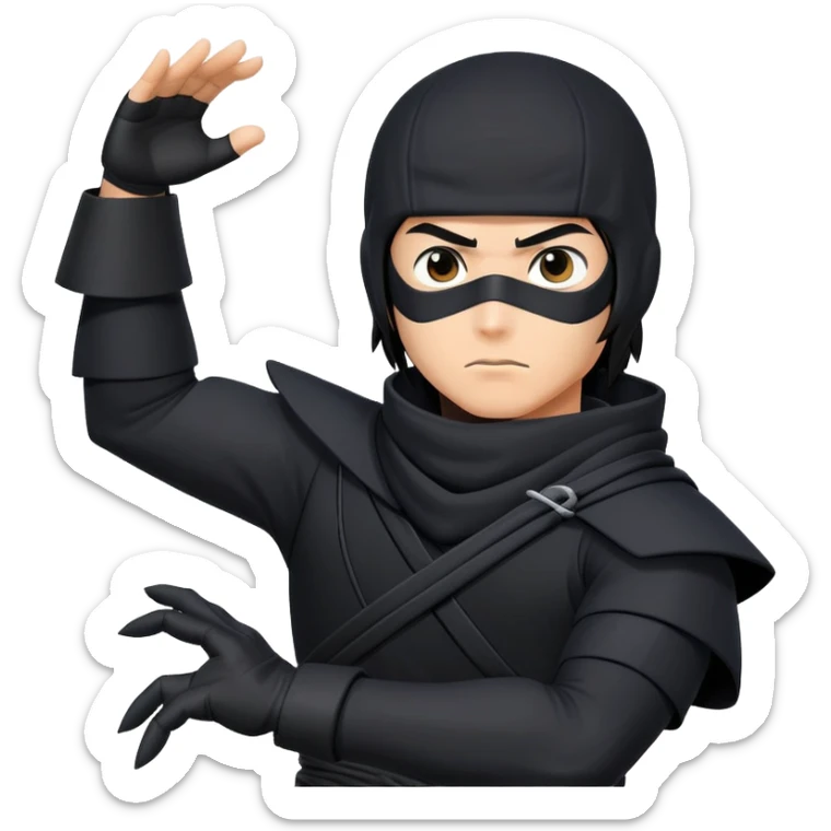 clash-of-clans-aesthetic_-cinematic-mysterious-male-ninja-portrait-emoji, rendered in a flat, vector-style with minimal shading and bold, simplified shapes, with a head slightly turned revealing intense, focused eyes. the ninja has his arm out and perched on top of his forearm is  a  giant black crow sticker