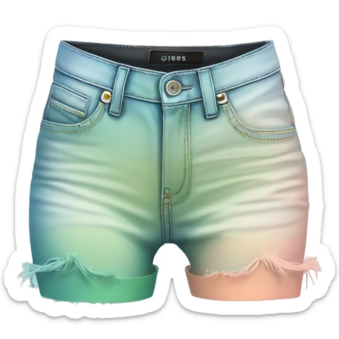 Hyper Realistic isolated top front view of a pair of black,peach,pastel green,pastel blue ombre Guess Jeans brand stiletto high heel shoes. sticker