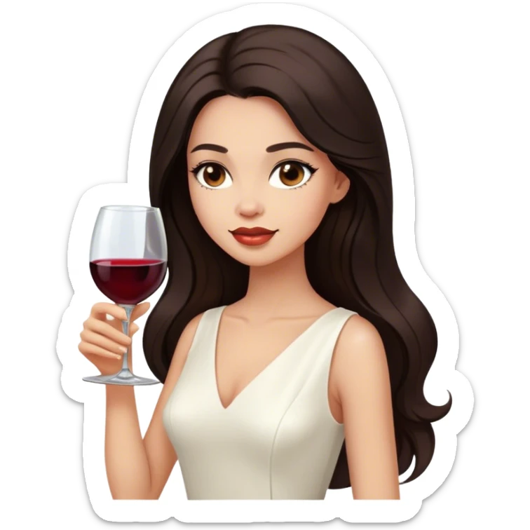 Beautiful woman in 1965’s woman fashion look, white dress, long dark brown hair, wine, sticker