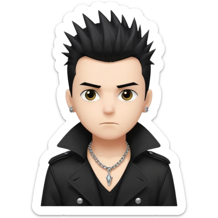 a punk boy with spiky black hair wearing a black a dark trench coat and a chain necklace sticker