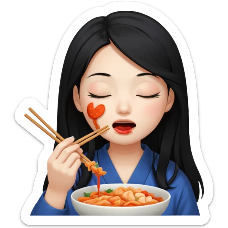 Girl with black long hair eat kimchi close eyes chopstick sticker
