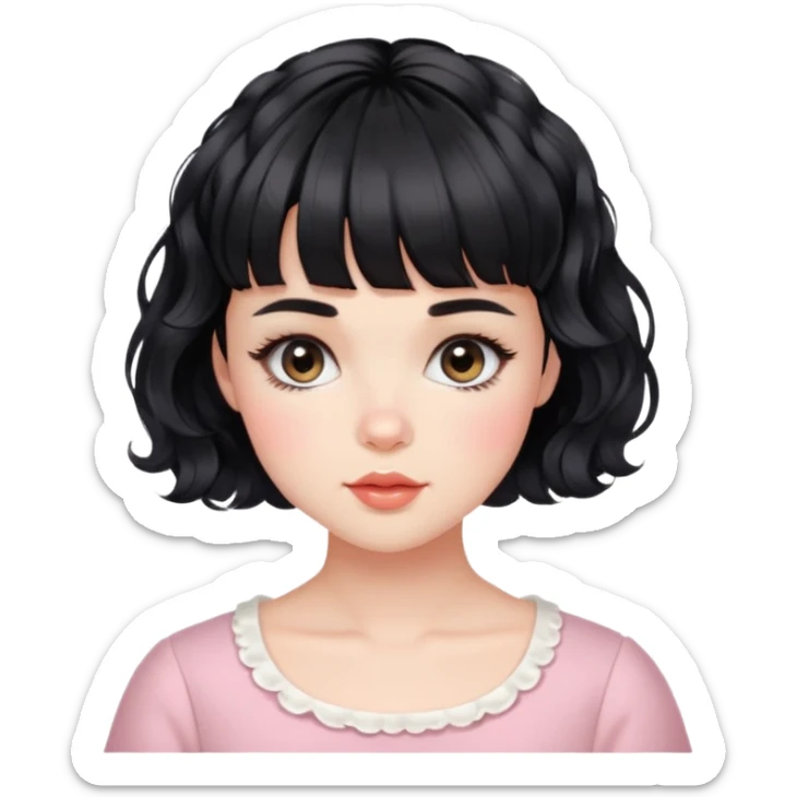 Gorgeous french woman short french haircut wavy hair baby bangs black hair Amelie Beautiful Blushing Petite Girl with beautiful hair aesthetic sticker