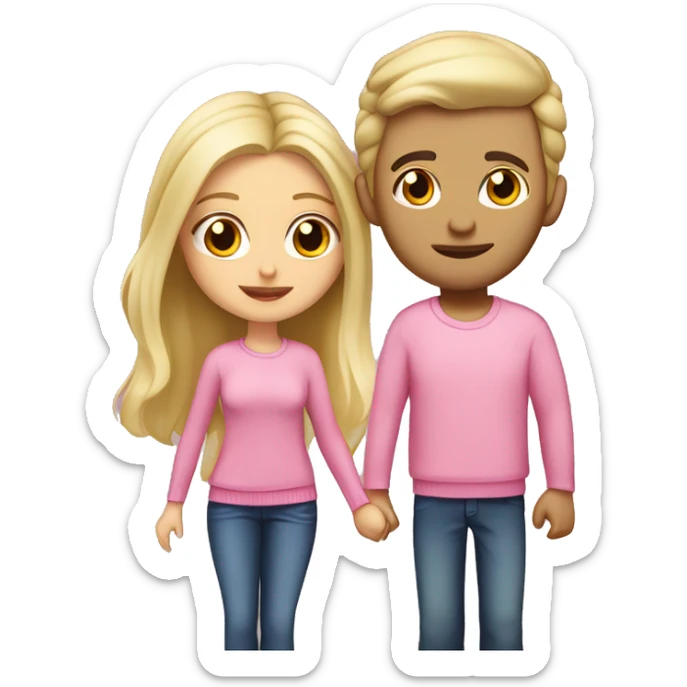 A beautiful blonde girl with brown eyes wearing a pink sweater. She’s kissing her boyfriend who is taller and darker blonde hair with brown eyes and a white T-shirt. sticker