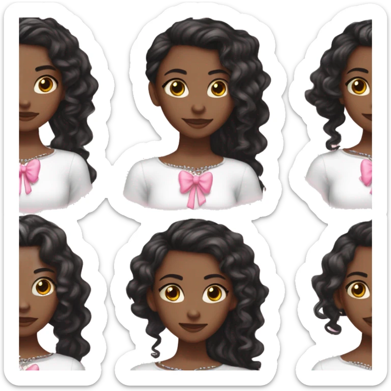 Young Black girl with long black hair and a white long sleeved top, pink bow in hair, white  crystal heart necklace, coquette  sticker