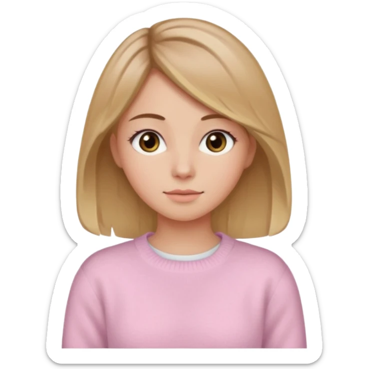 Crea una chica güerita con pelo café claro y raíces güeras, ojos rasgados cafés oscuros, suéter o camisa rosa claro sticker