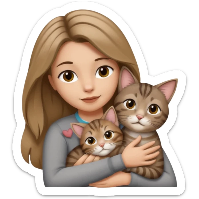 Une femme avec les cheveux dégradée, brun et blond, qui fait un câlin à son chat gris, tigré avec les extrémités que pattes pointe d’oreilles noires et le dessous du menton blanc  sticker