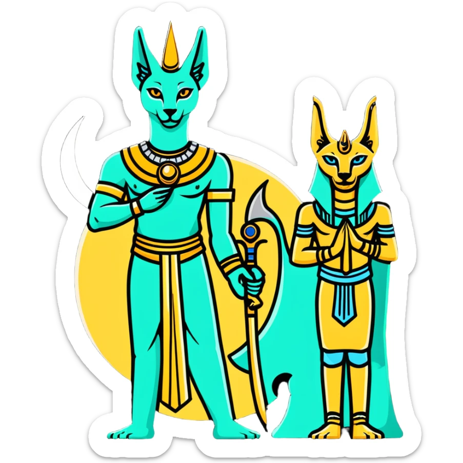 Egyptian gods Osiris with green skin and Atef crown, Khonsu with falcon head and moon symbol, and Anubis with jackal head standing together sticker