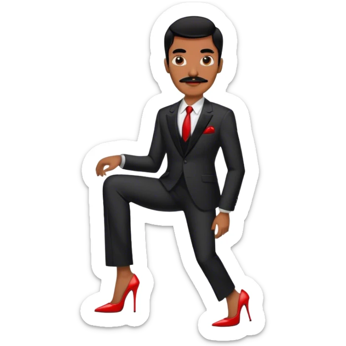 Man in a black suit suit and red strappy high heels with black hair and black mustache and brown skin sticker