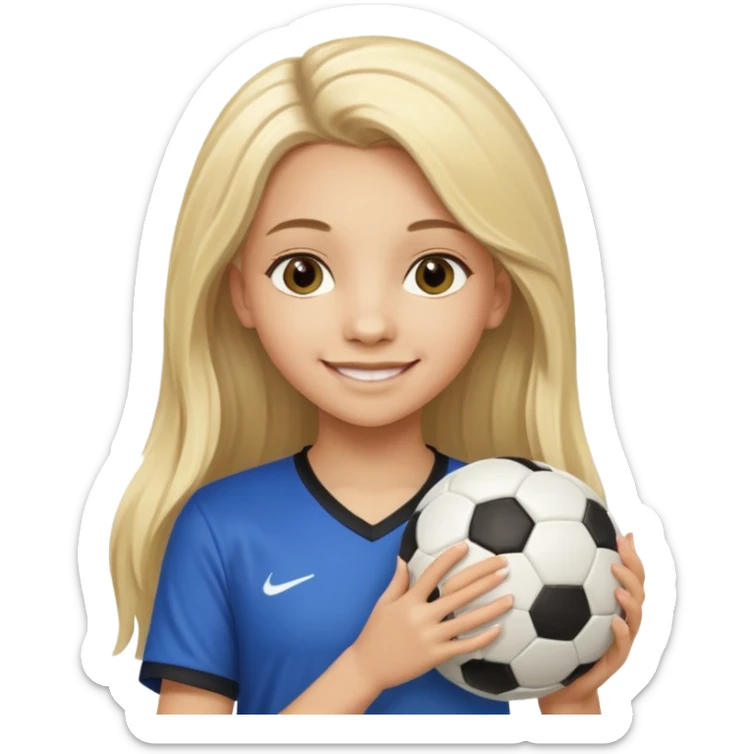 A girl with long light blonde hair with make-up on that looks around 13 years old with a soccer ball sticker