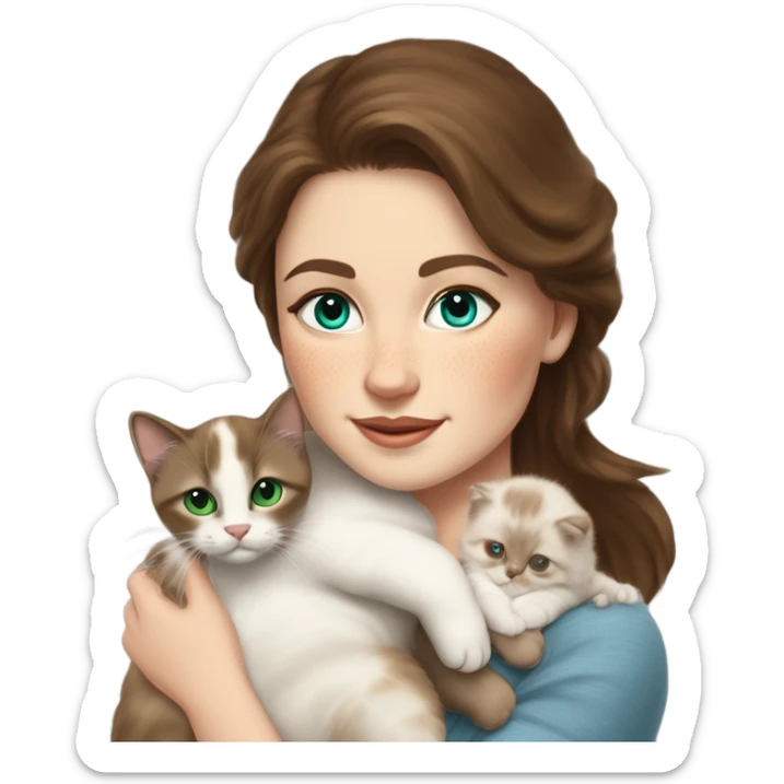 white woman with medium-length brown hair, green eyes and brown freckles on the face under the eyes, holding her sacre de birmanie kitten in her arms with much love, the baby cat has blue eyes, a lot of dark areas on ears and middle of the face. blue eyes sticker