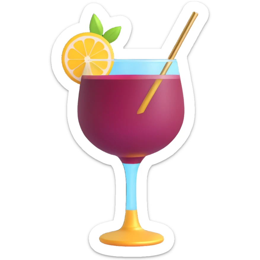 3D emoji style cocktail glass with burgundy drink and a gold leaf garnish sticker