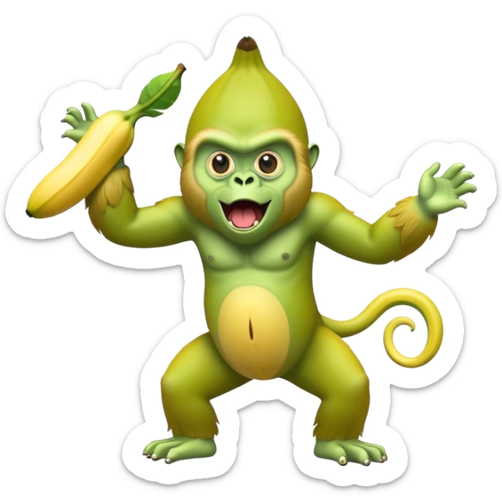 A yellow banana with arms and legs and a green gorilla head with expressive eyes sticker