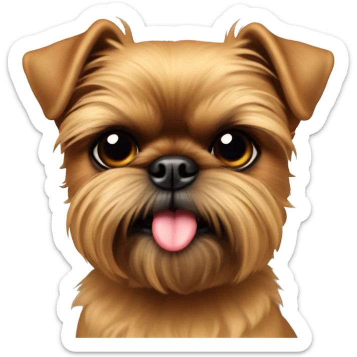 A face shot of an all tan Brussels griffon with black eyes ears sticking up and a tongue out sticker