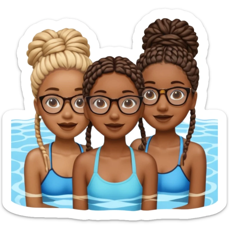 3 black girls im the pool having fun, one is tall caramel skin and slim with glasses and coller bone mini twists, the other is dark skin with no glasses and neck shoulder length mini twists and the last girl is short and chubby with box braids and no glasses  sticker