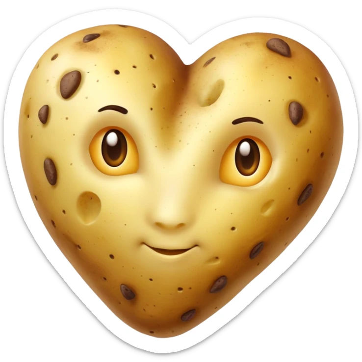 Photorealistic heart-shaped potato with golden skin and brown spots on white background. sticker