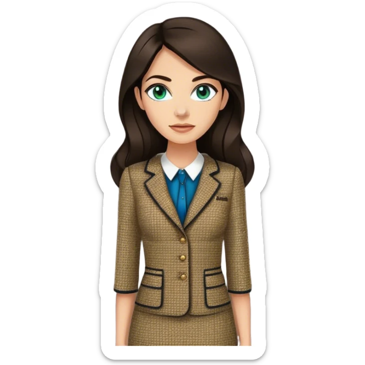 a 30 year old female venture capitalist with 50% greek and 50% american genes, 6 ft tall, long dark brown hair and blue/green eyes, wearing a chanel tweed professional dress, tan skin (make teh eyes a little less bright) sticker