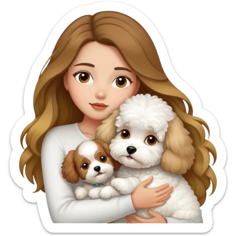 A beautiful olive skinned girl with long flowy brown hair and blonde highlights, hugging a white bichon frise sticker