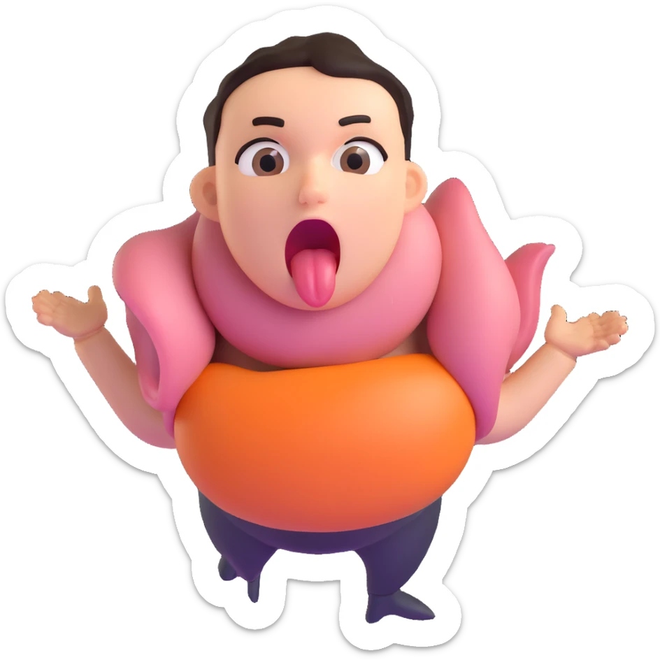 person clutching stomach, eyes wide, tongue out, showing extreme hunger sticker