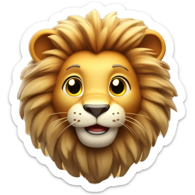 3D cartoon lion character with soft fur texture, small body with big head, gentle gradient background, sitting playfully with a big smile, warm lighting sticker