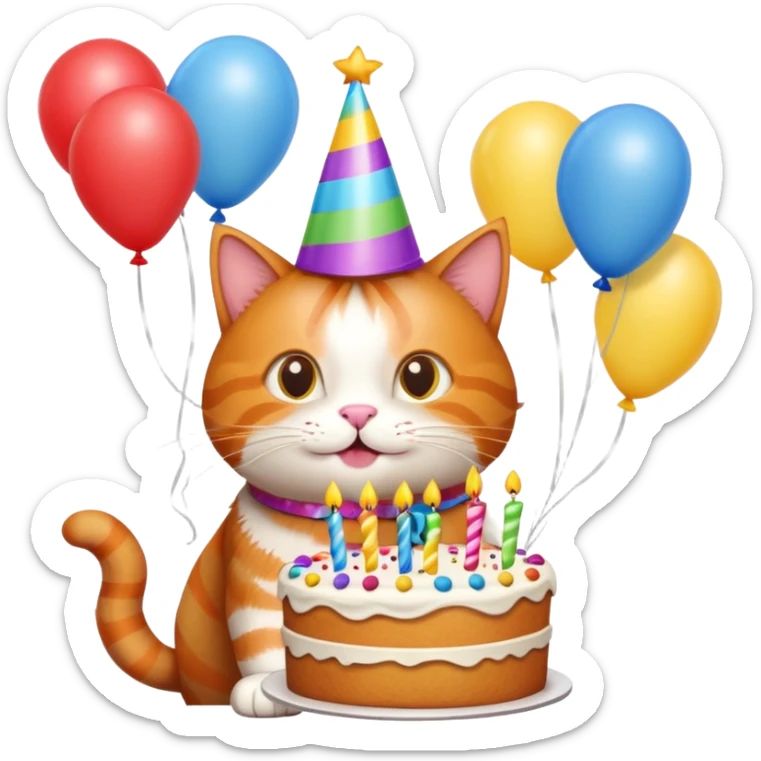 Ginger cat celebrates birthday, birthday hat, birthday cake, balloons, happy sticker