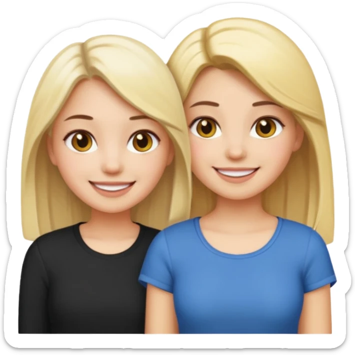 two girls, best friends, one with dark hair and one with blonde hair, smiling together, emoji style sticker